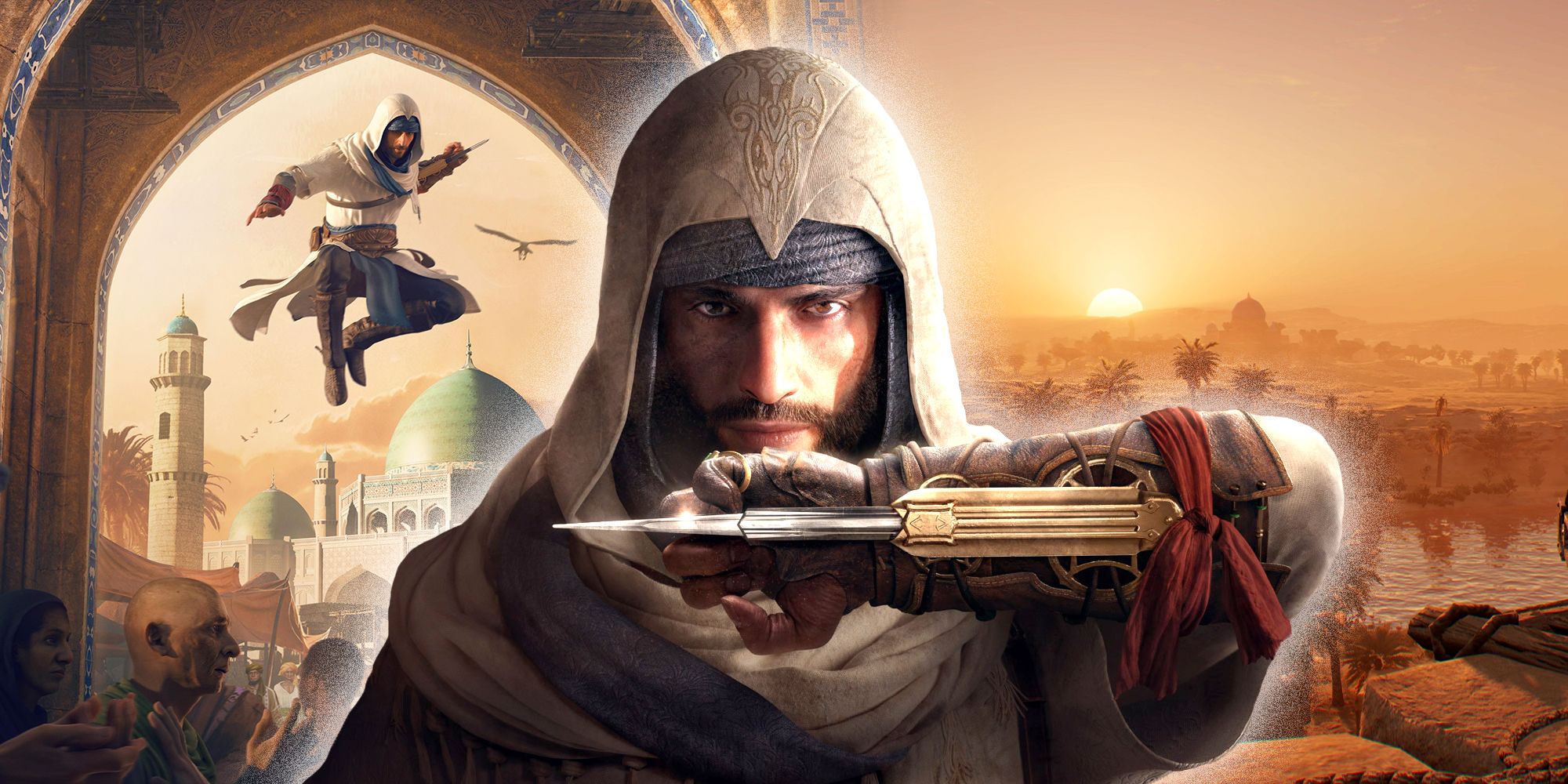 Assassin's Creed Mirage Basim in front of a collage of Baghdad and Basim performing an air assassination