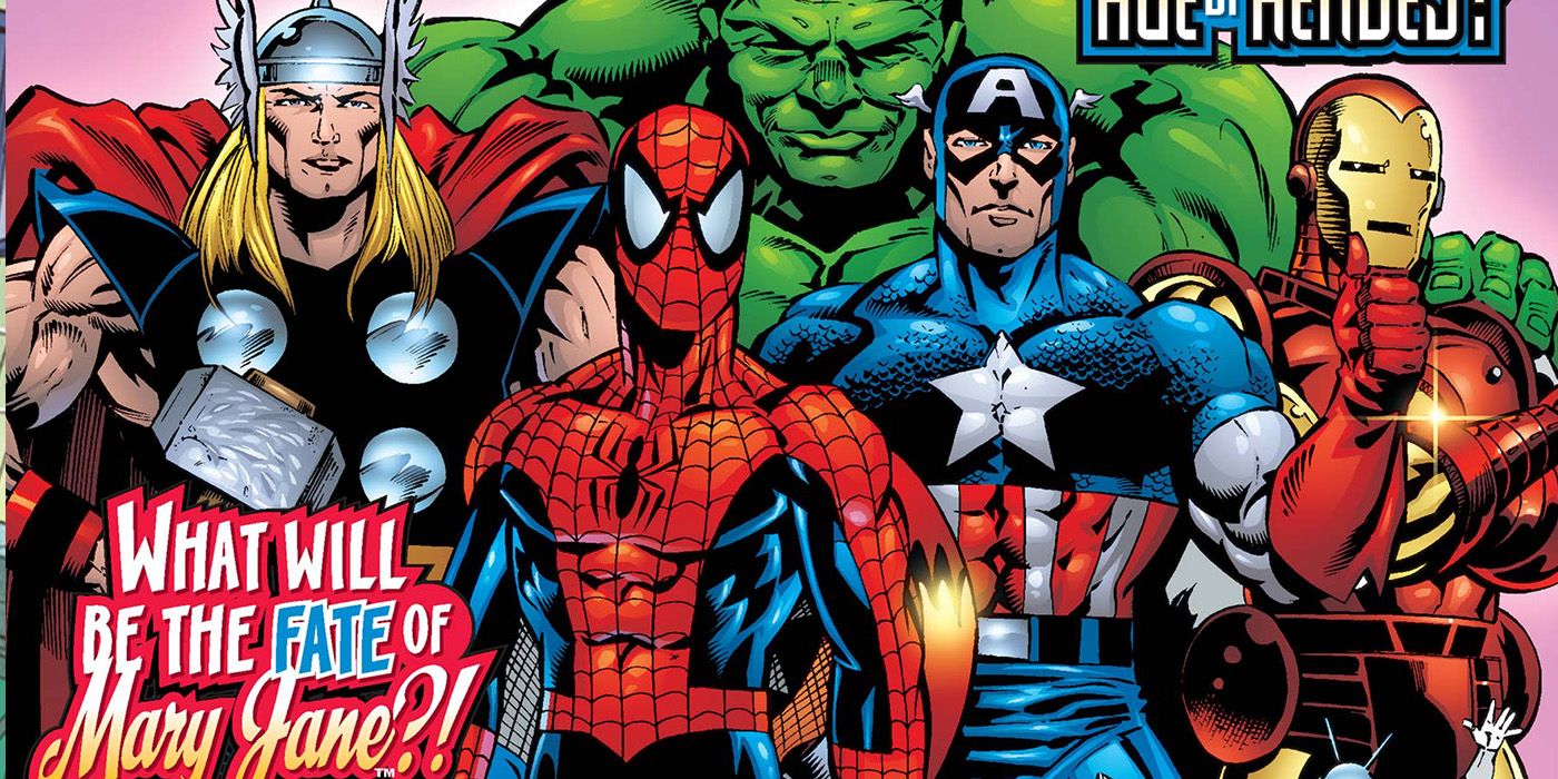 Vingadores Thor, Hulk, Capitão América, Homem de Ferro e Homem-Aranha na Era Heroica