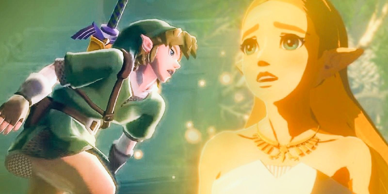 Link running to Zelda in Skyward Sword and Princess Zelda in Breath of the Wild