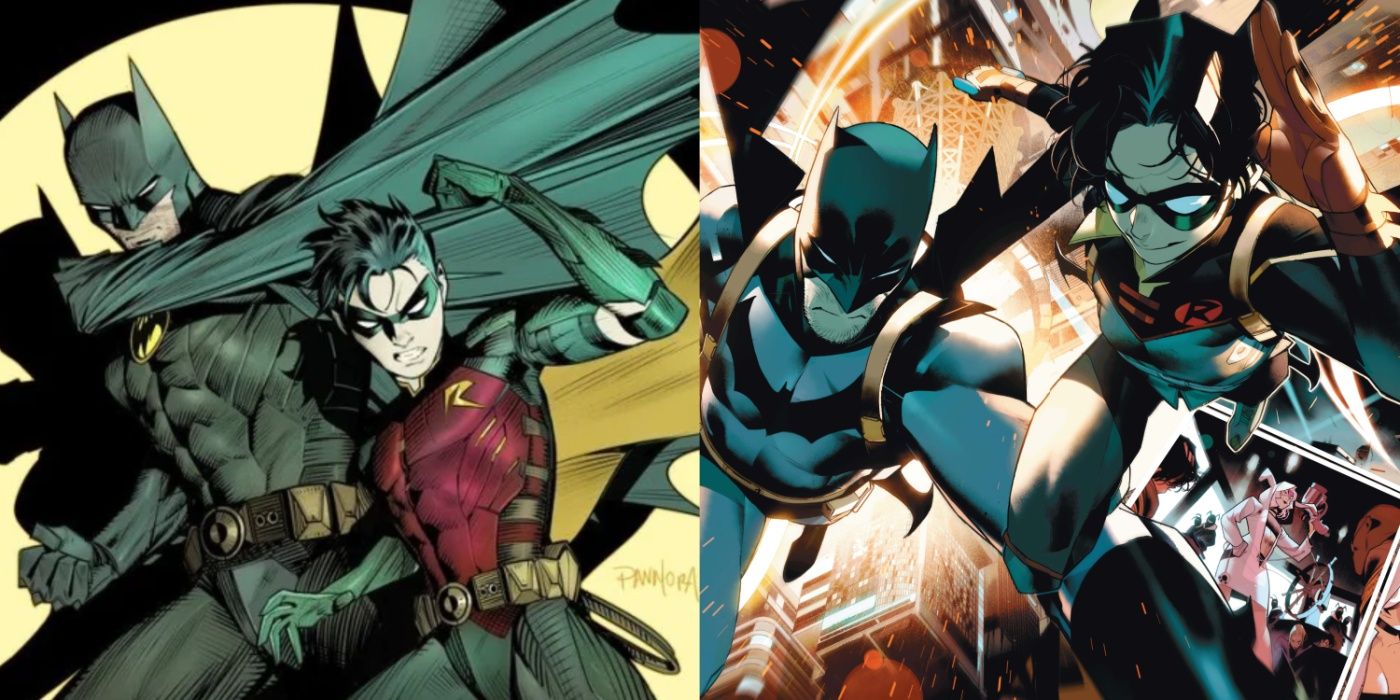 Split image of Dan Mora and Simone Di Meo's art of Batman and Robin, respectively.