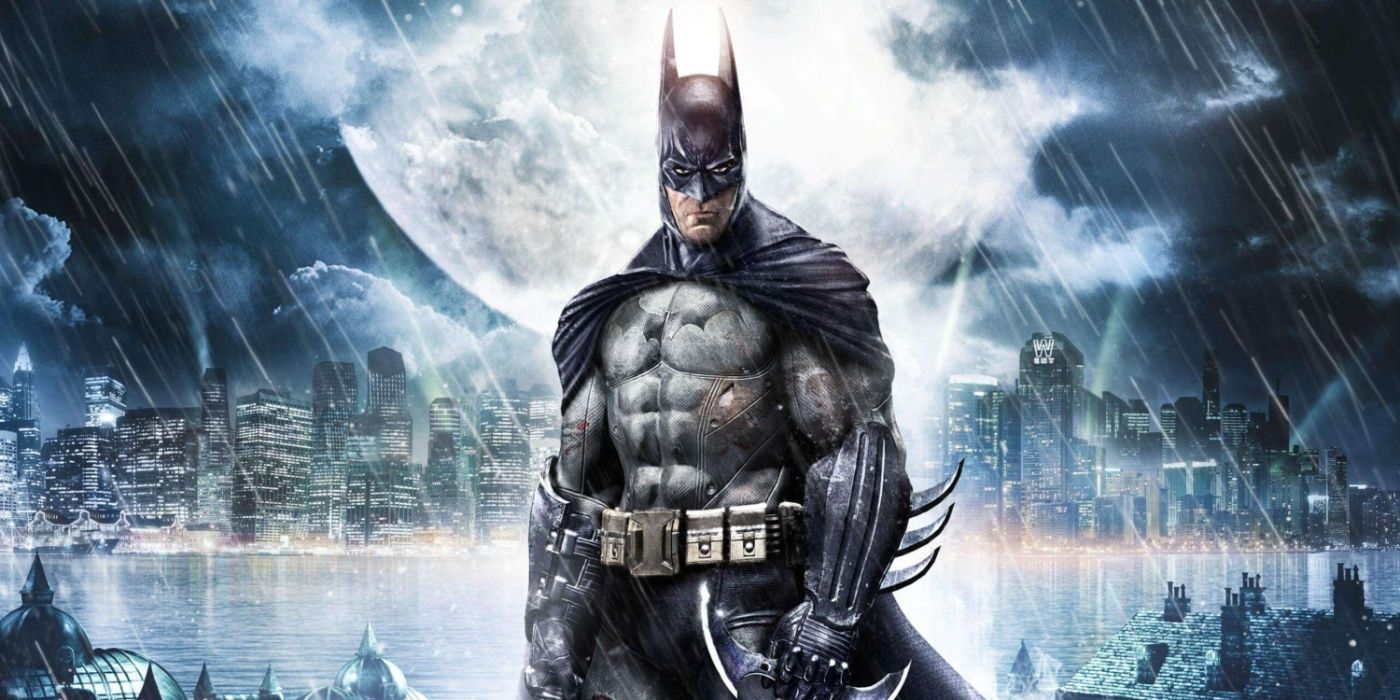 Batman holding a Batarang and standing against the moonlight in cover art for Arkham Asylum.