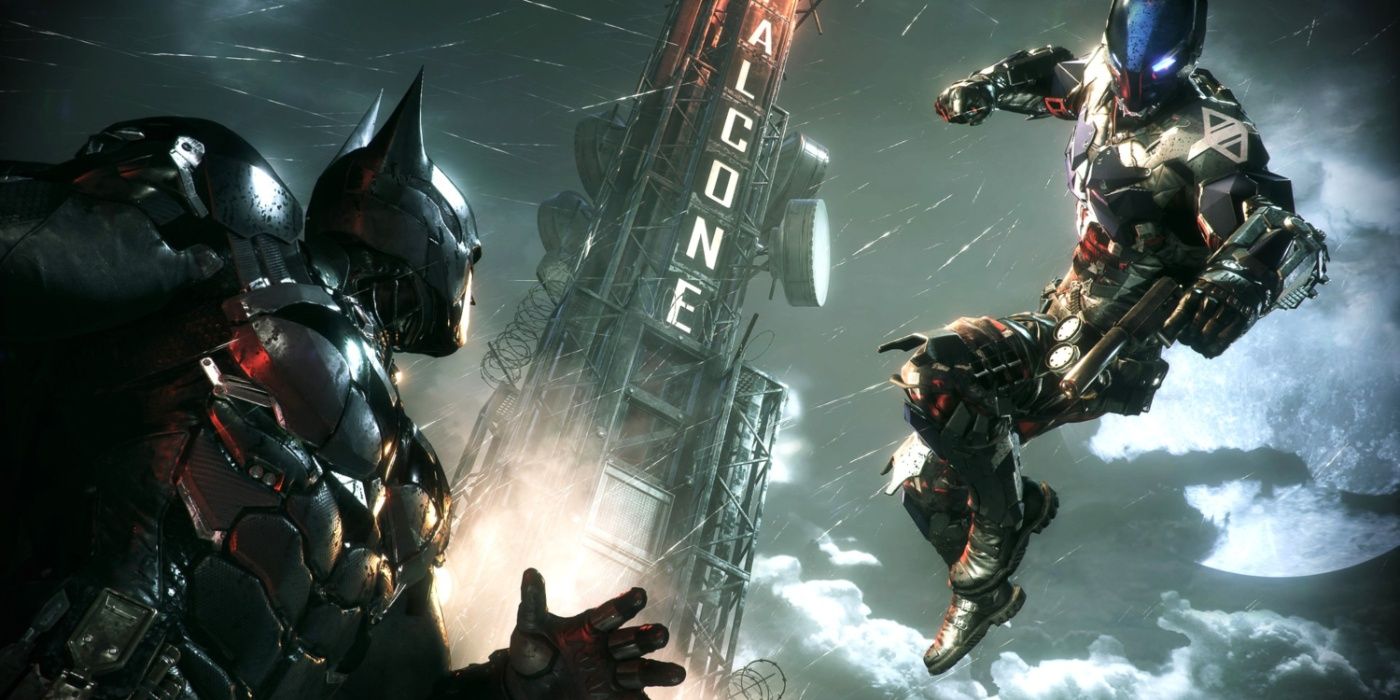 Batman facing off against the Arkham Knight in the eponymous video game.