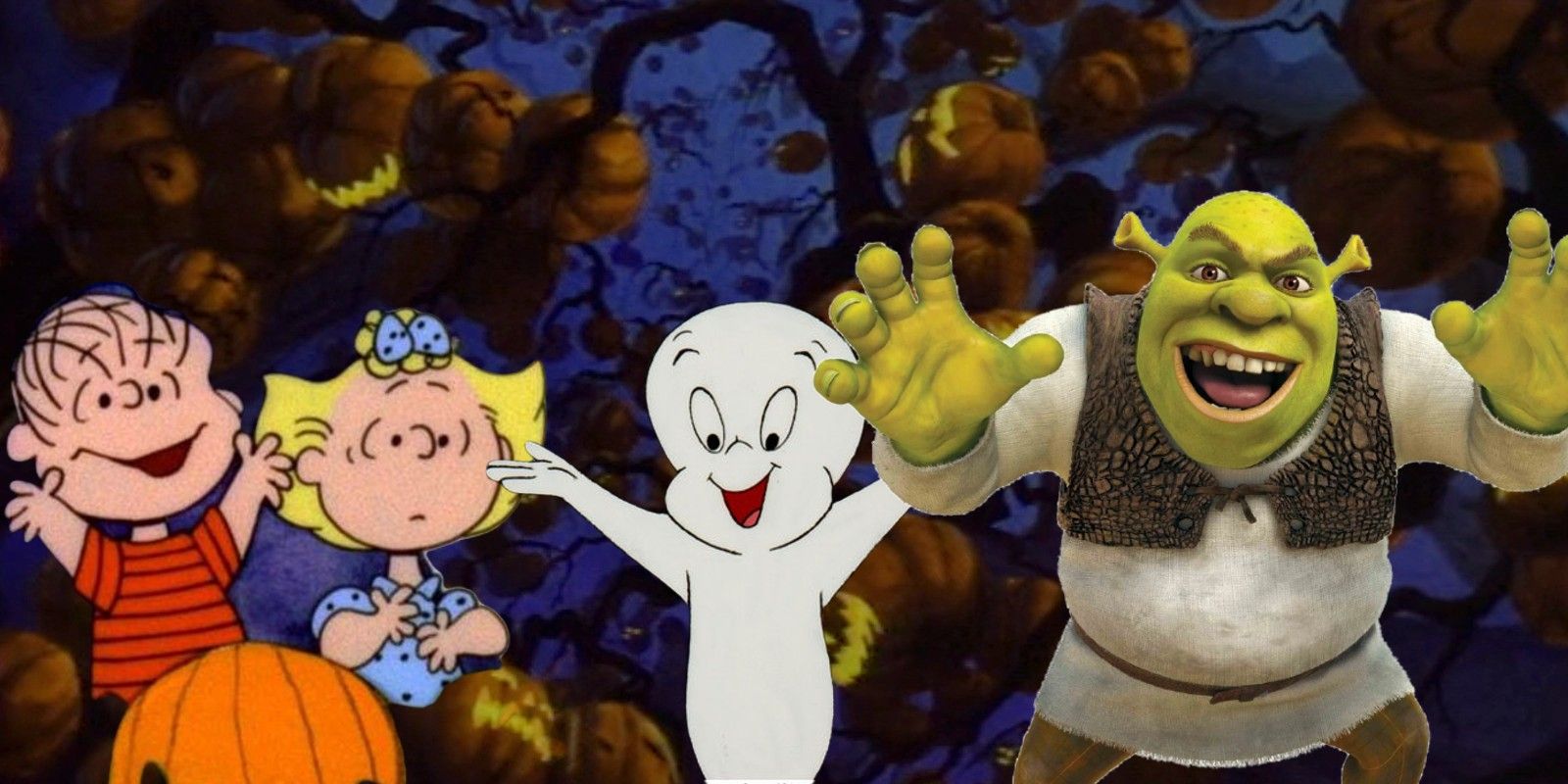 Linus and Sally from Peanuts, Casper, and Shrek in front of the Halloween Tree
