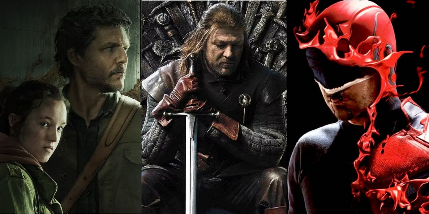 A split image of The Last of Us, Game of Thrones, and Daredevil