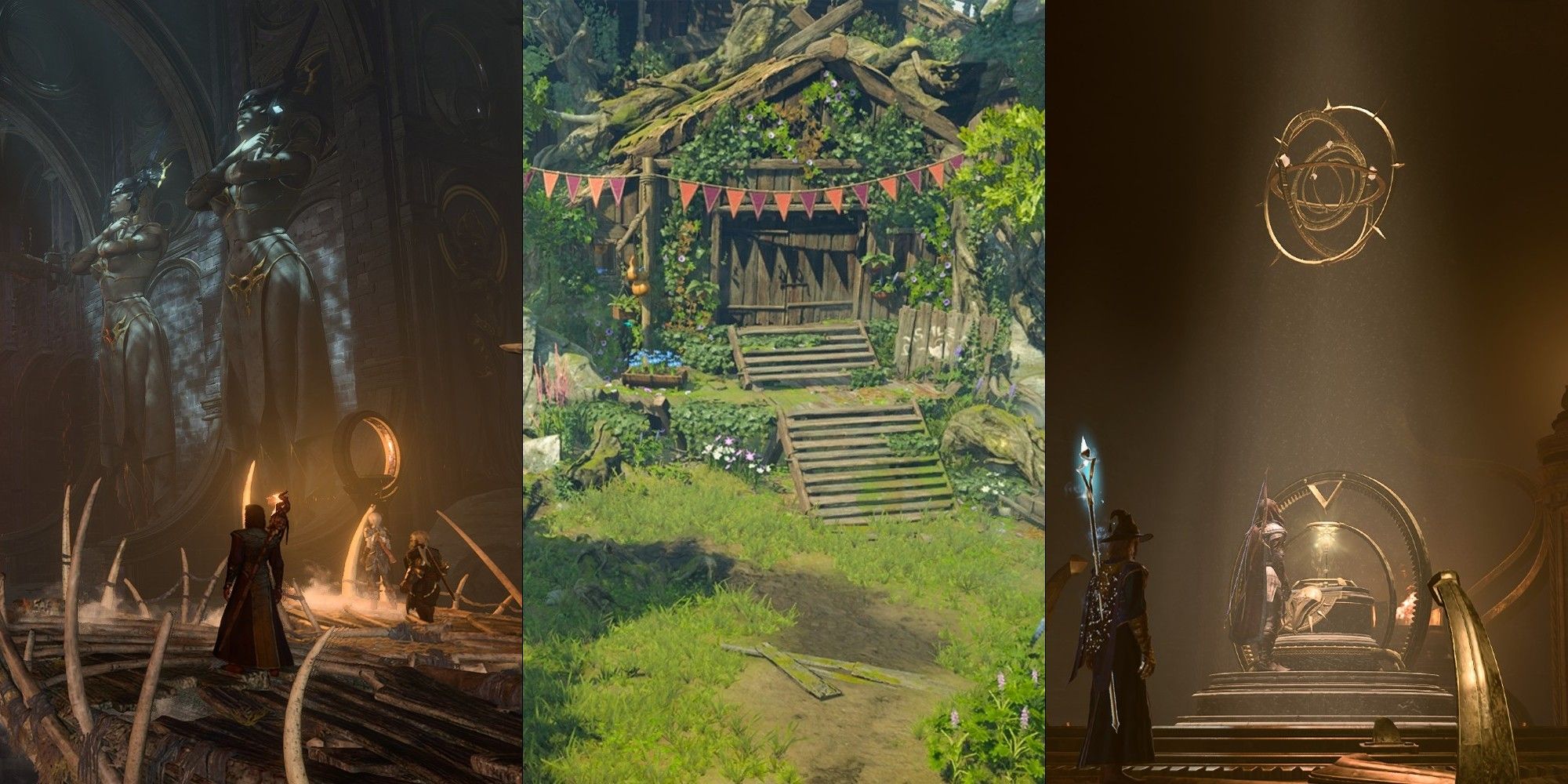A split image of the Grymforge, Gnarled Teahouse, and Rosymorn Monastery in BG3