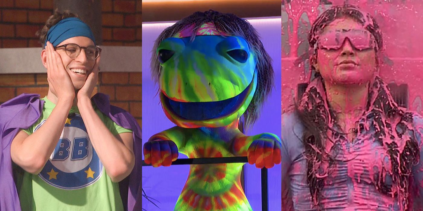 Three-way split image showing different Big Brother competitions.