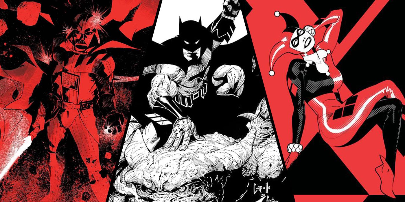 Split image: Darth Vader, Batman and Harley Quinn in Black, White and Red comics