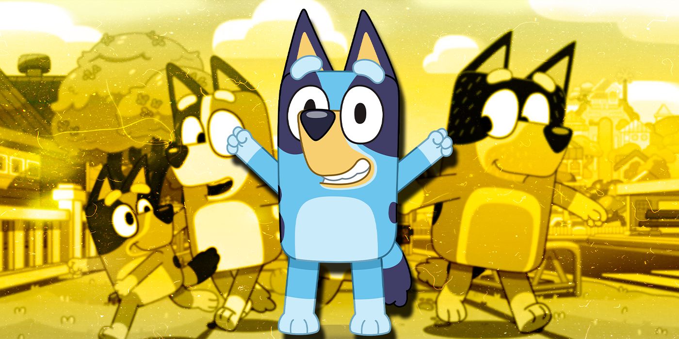 A happy Bluey surrounded by his family in the titular TV series