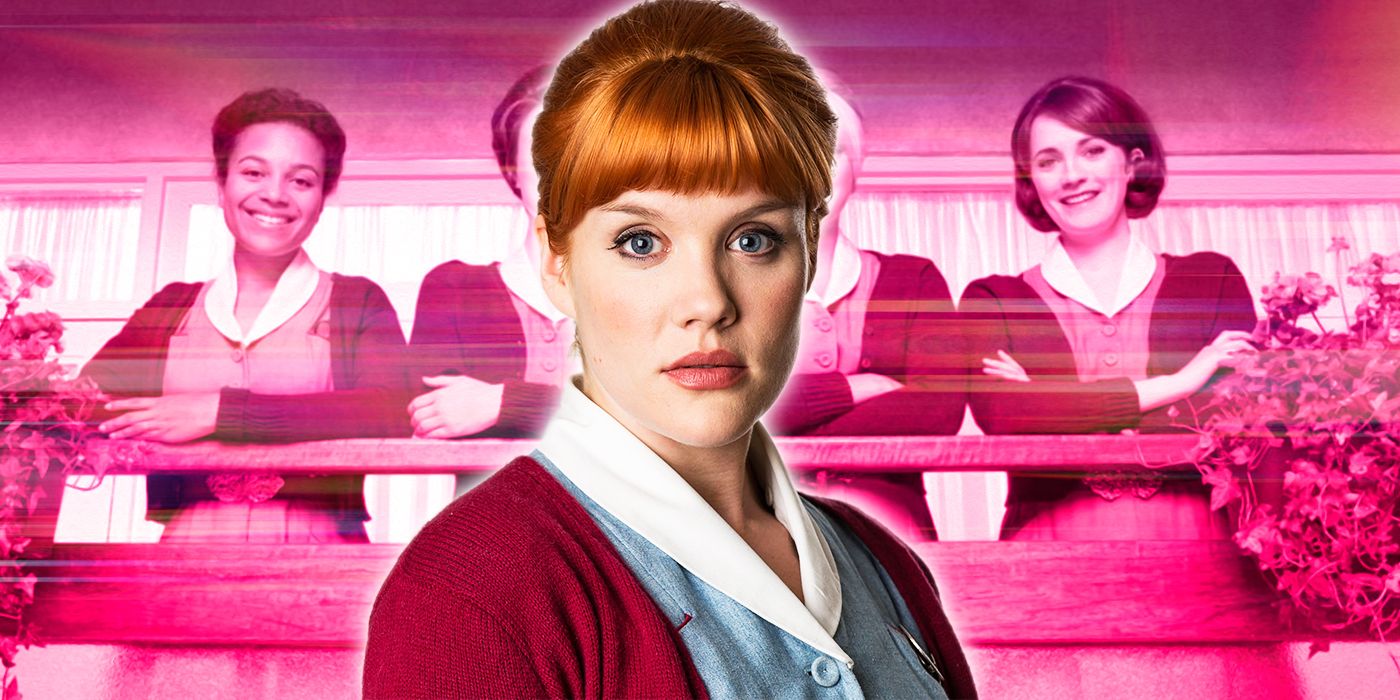 Nurse Patience Mount (Emerald Fennell) in front of a scene from Call the Midwife