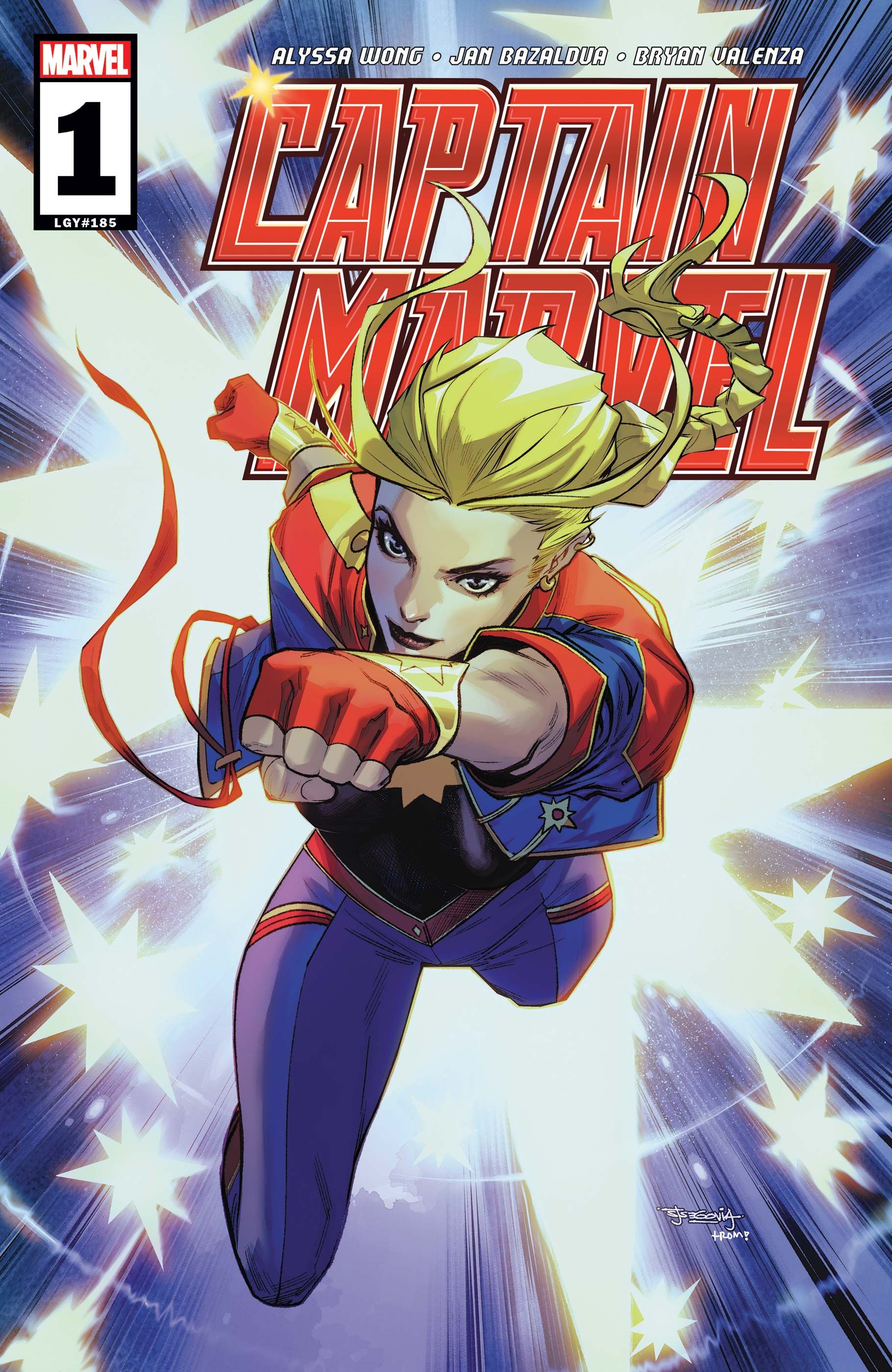 Carol Danvers throws a punch while flying in Captain Marvel #1 by Marvel Comics