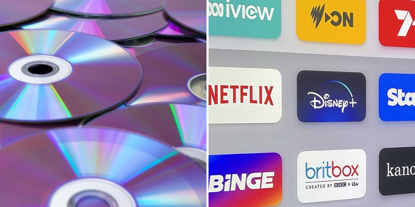 split image: collection of discs and streaming service logos from Netflix, Disney+ and more