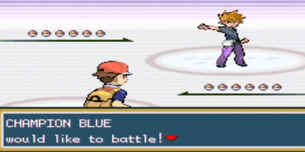 O personagem do jogador enfrenta o rival Blue na batalha campeão em Pokemon Fired e Leafgreen.