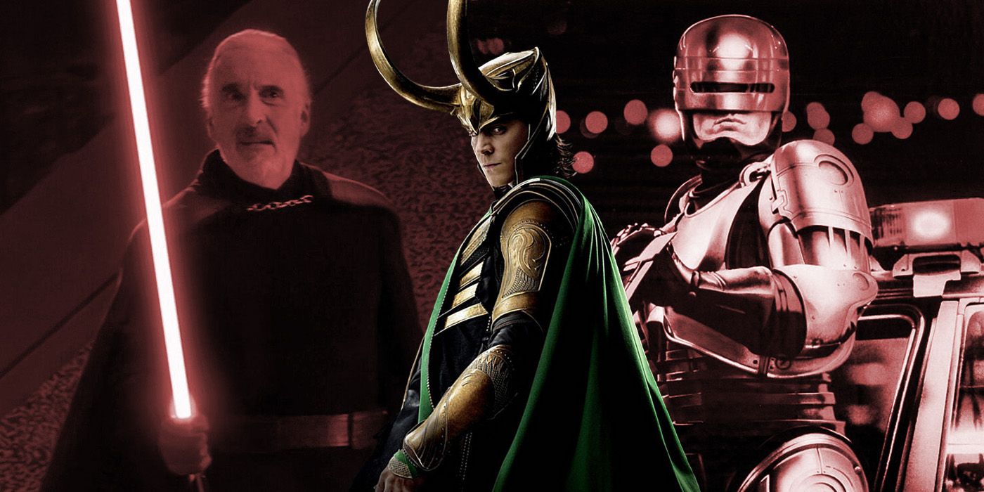 split image: Count Dooku from Revenge of the Sith, Loki from Avengers and Robocop