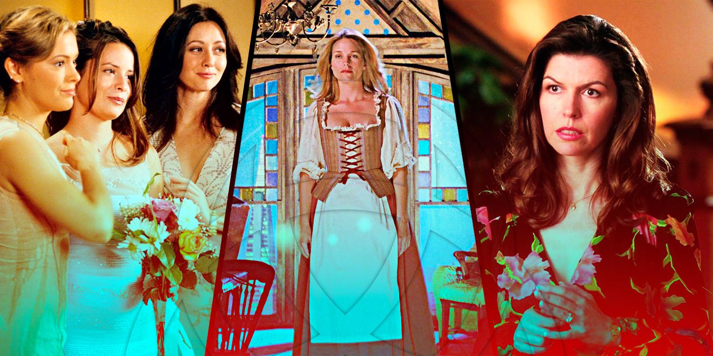 A collage of Phoebe, Piper, Prue, Melinda Warren, and Patty Halliwell from Charmed.