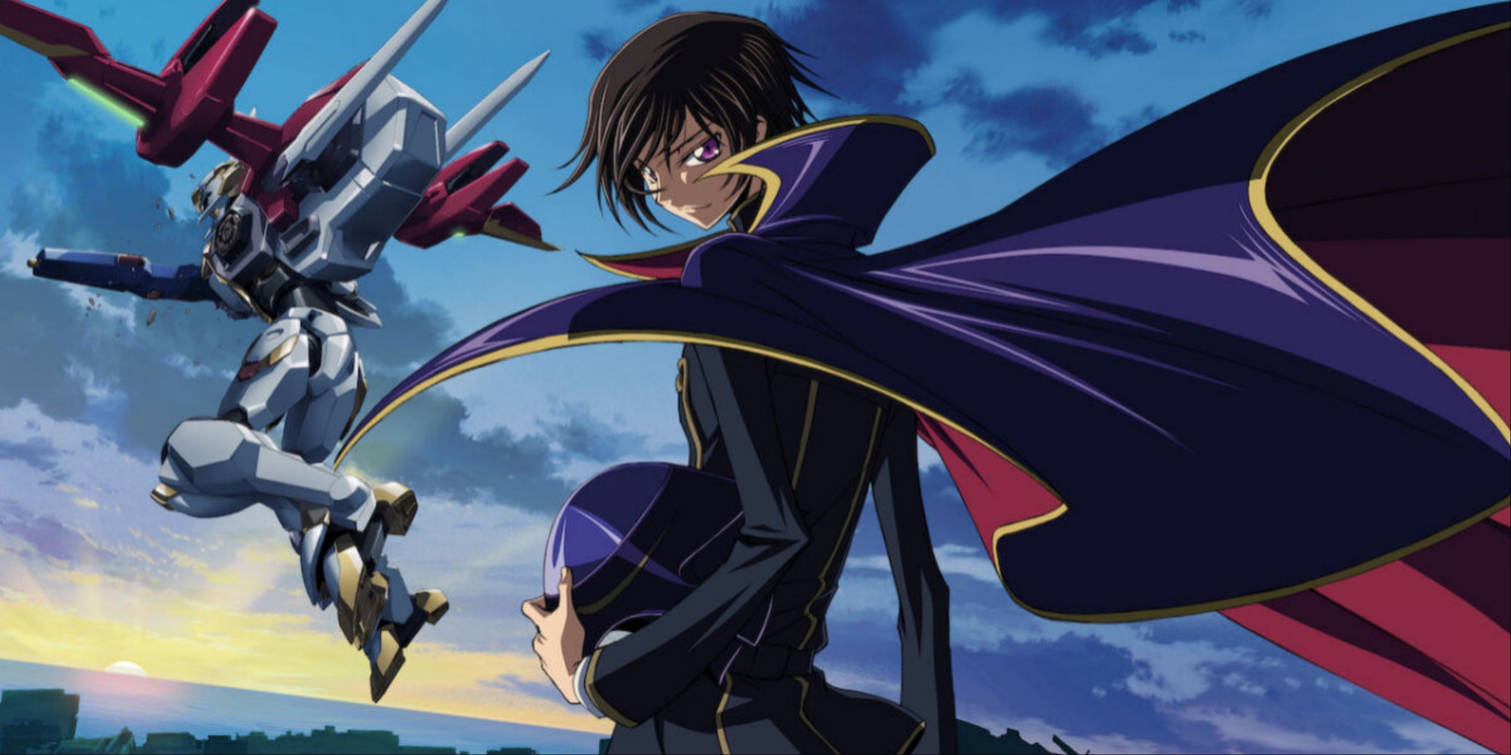 Lelouch holding his helmet with a mech in the background in Code Geass anime