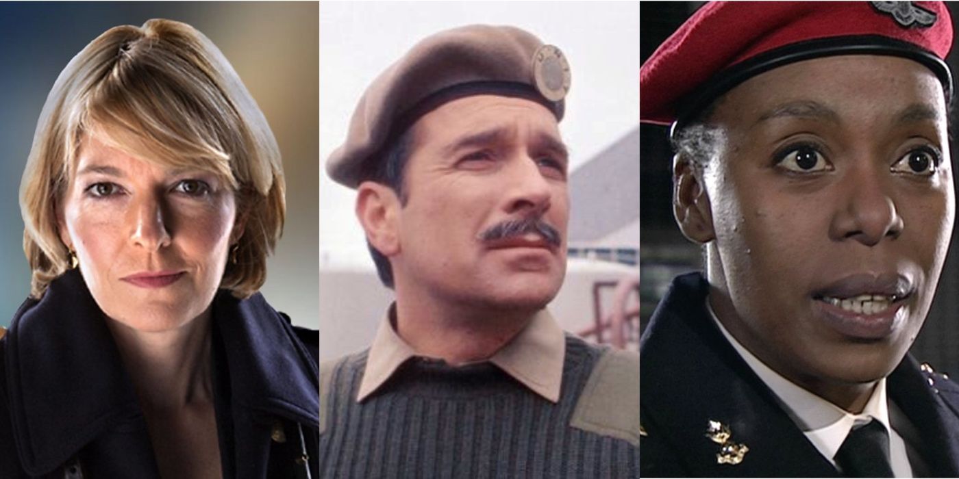 Kate Stewart gives a fiercely determined look, the Brigadier glances in anticipation at something off-screen, and Captain Magambo looks concerned in Doctor Who.