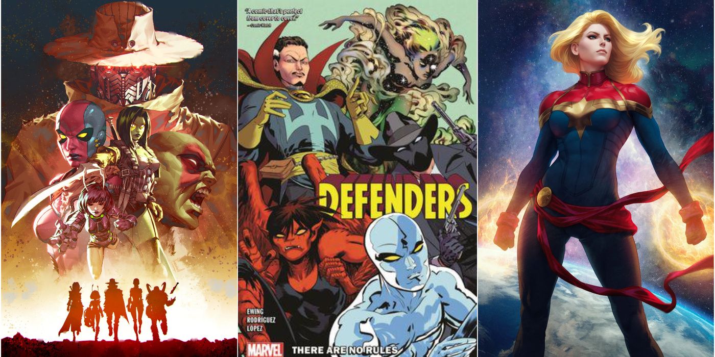 A split image of Guardians of the Galaxy, the Defenders, and Captain Marvel
