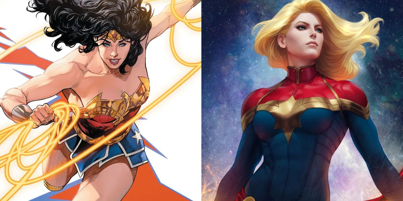 A split image of Wonder Woman and Captain Marvel