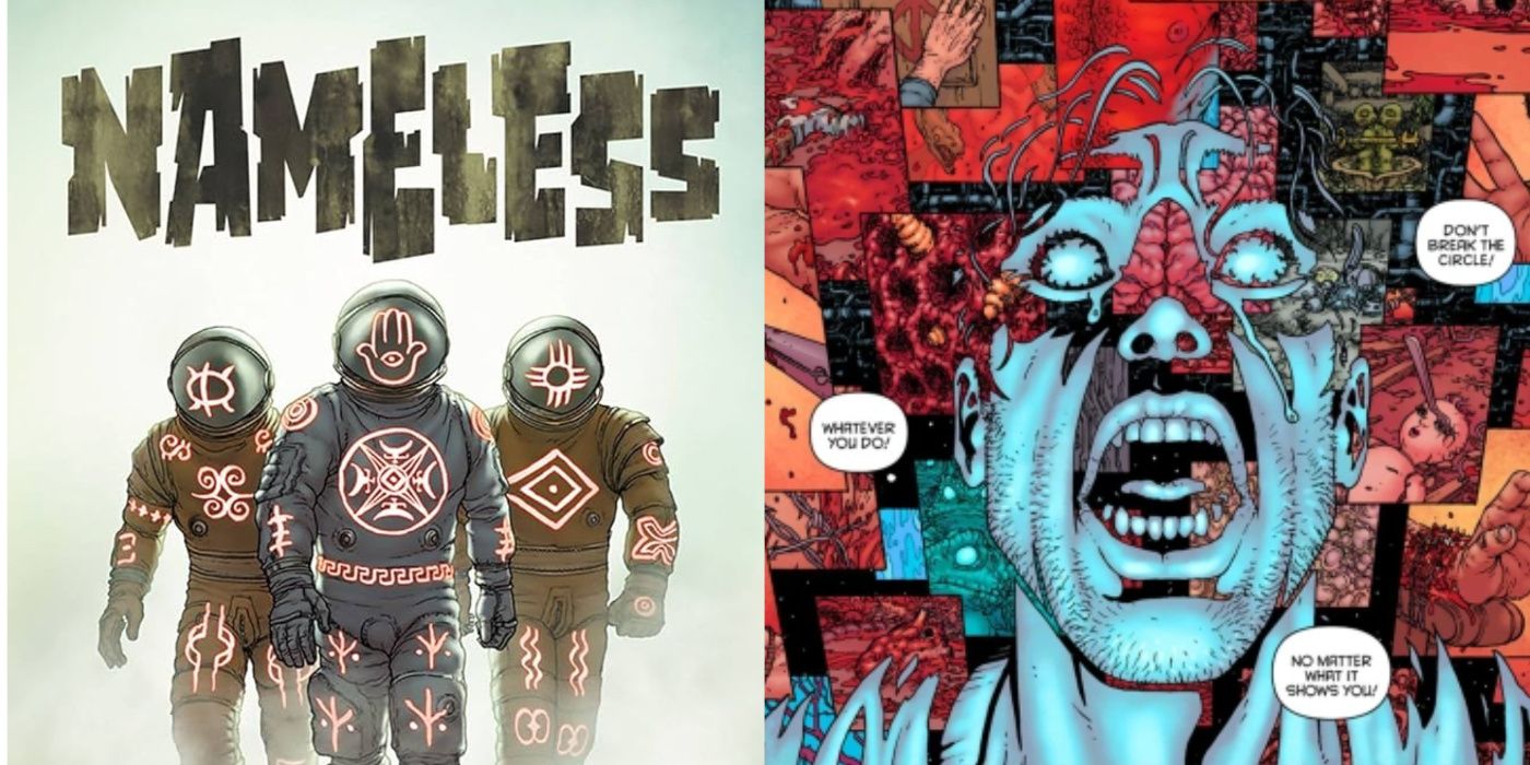 A split image of the cover to Nameless #1 and a page from the book