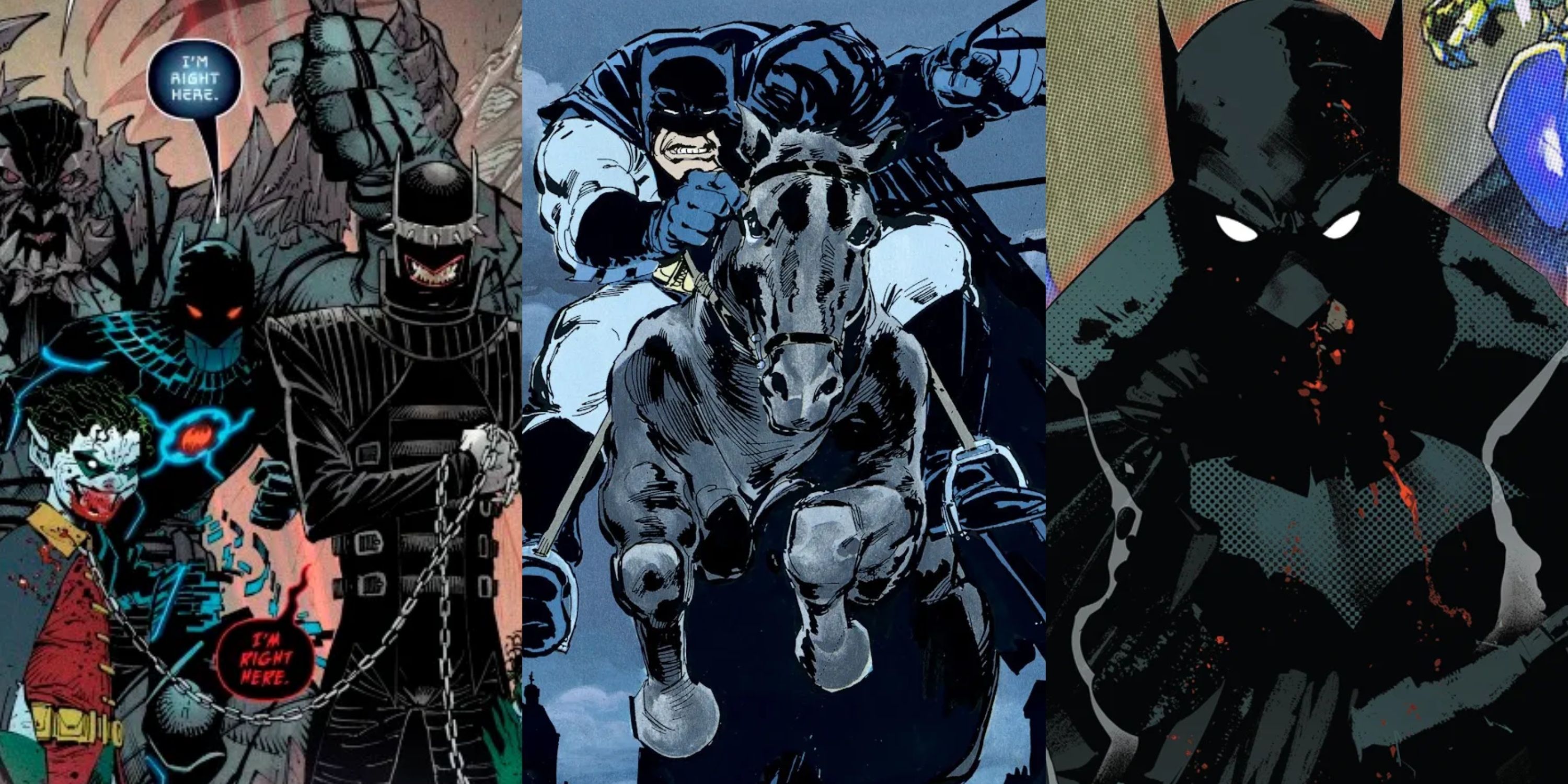 Split image Nightmare Batmen, Dark Knight Returns, Failsafe Batman