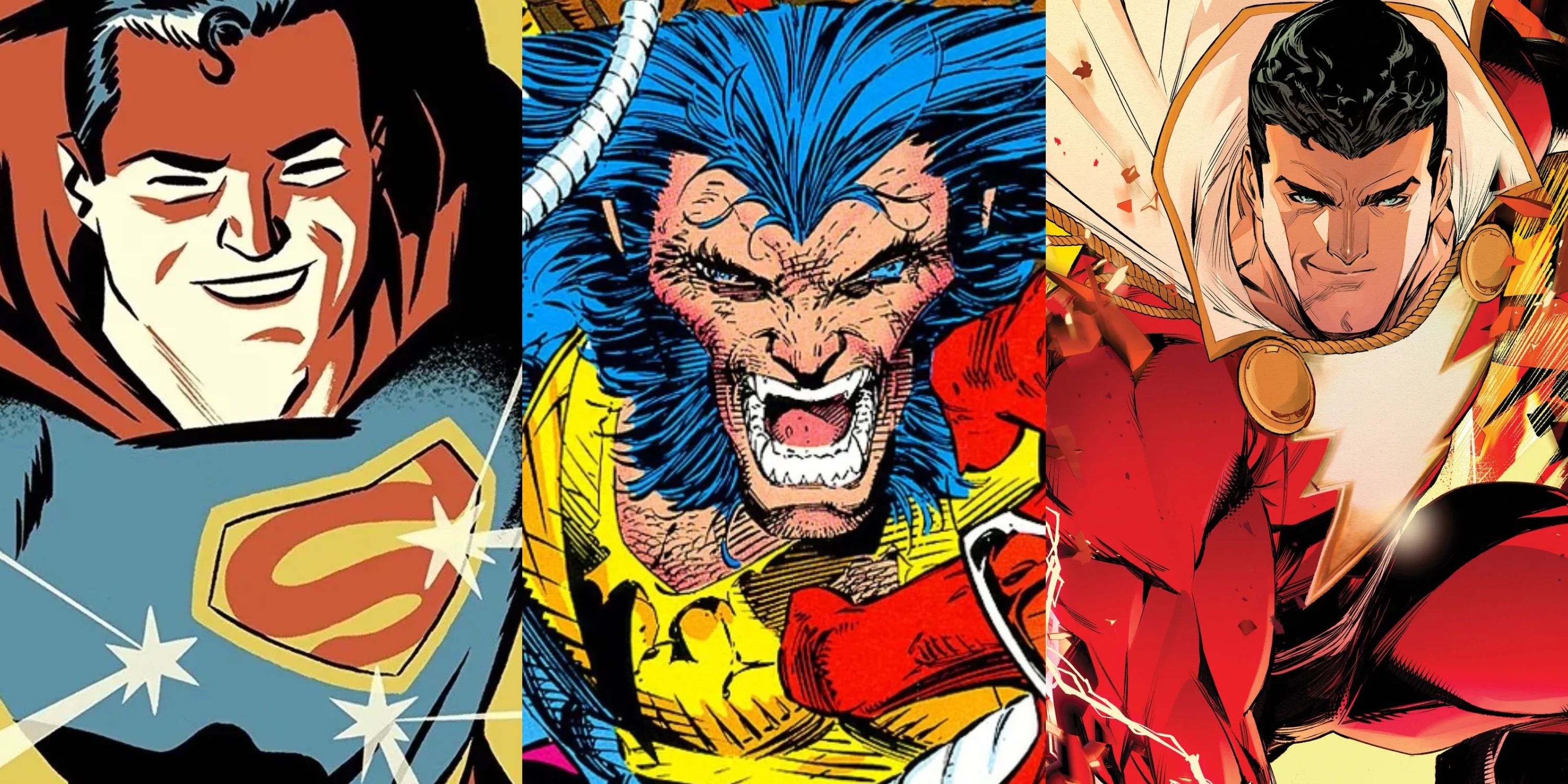 Split image Superman, Wolverine, Shazam