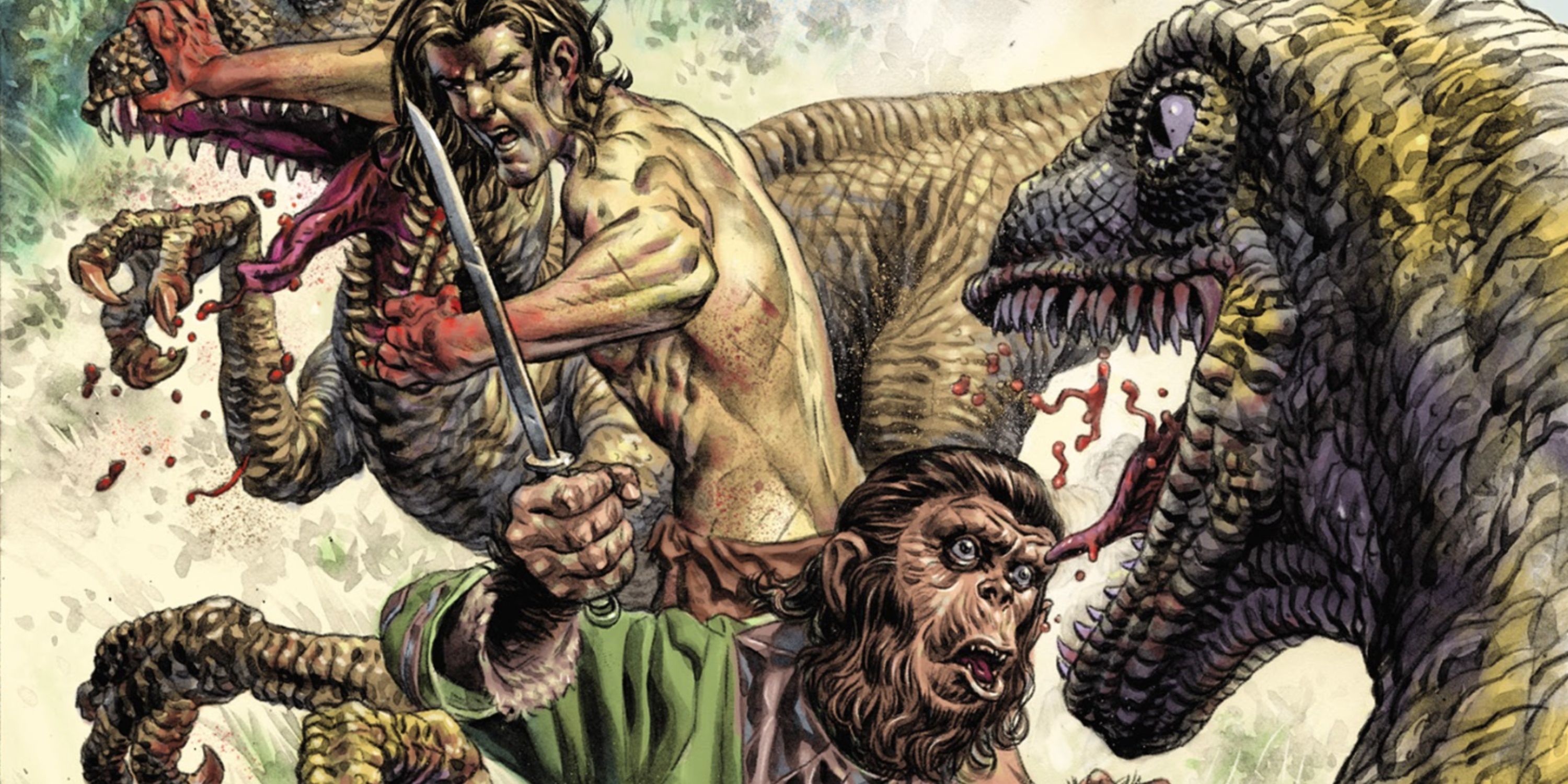 Tarzan and Cornelius fight dinosaurs
