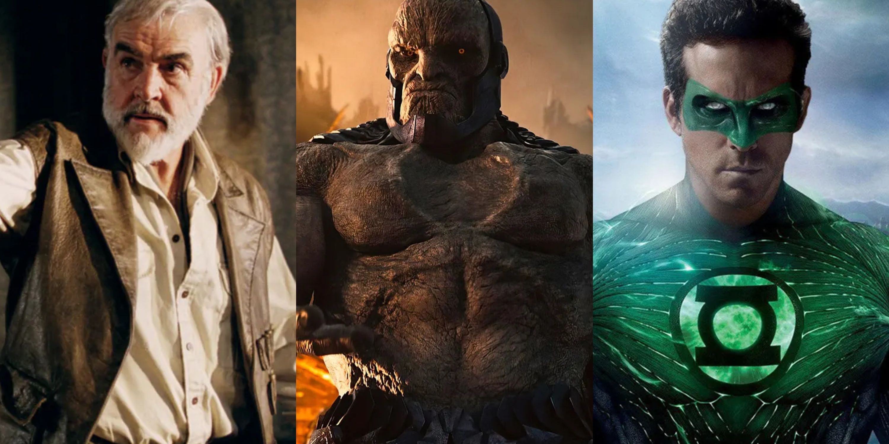 Split image Sean Connery as Allen Quartermain, Darkseid, Ryan Reynolds Green Lantern