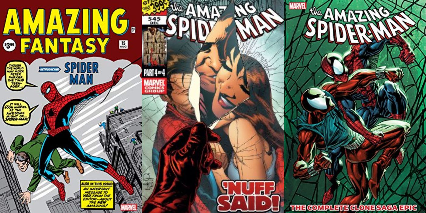 A split image of Amazing Fantasy 15, One More Day, and the Clone Saga