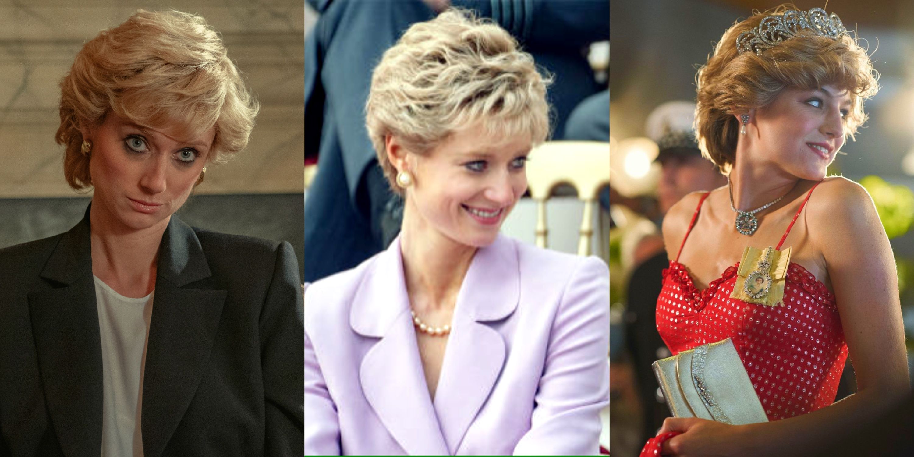 Split image of Diana in her interview, at the polo match, and at an event in The Crown