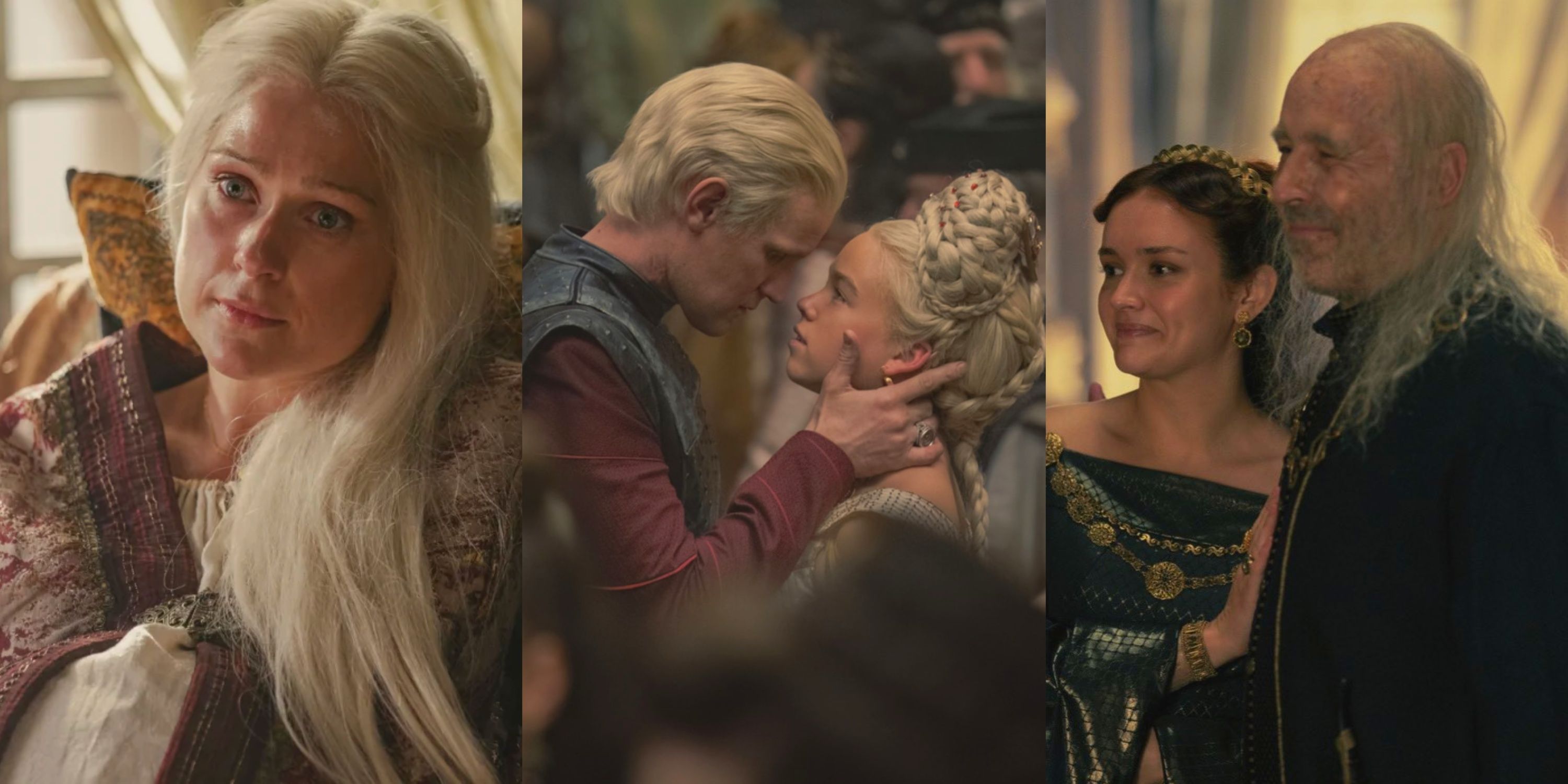 Split image of Aemma, Daemon and Rhaenyra, Viserys and Alicent in House of the Dragon