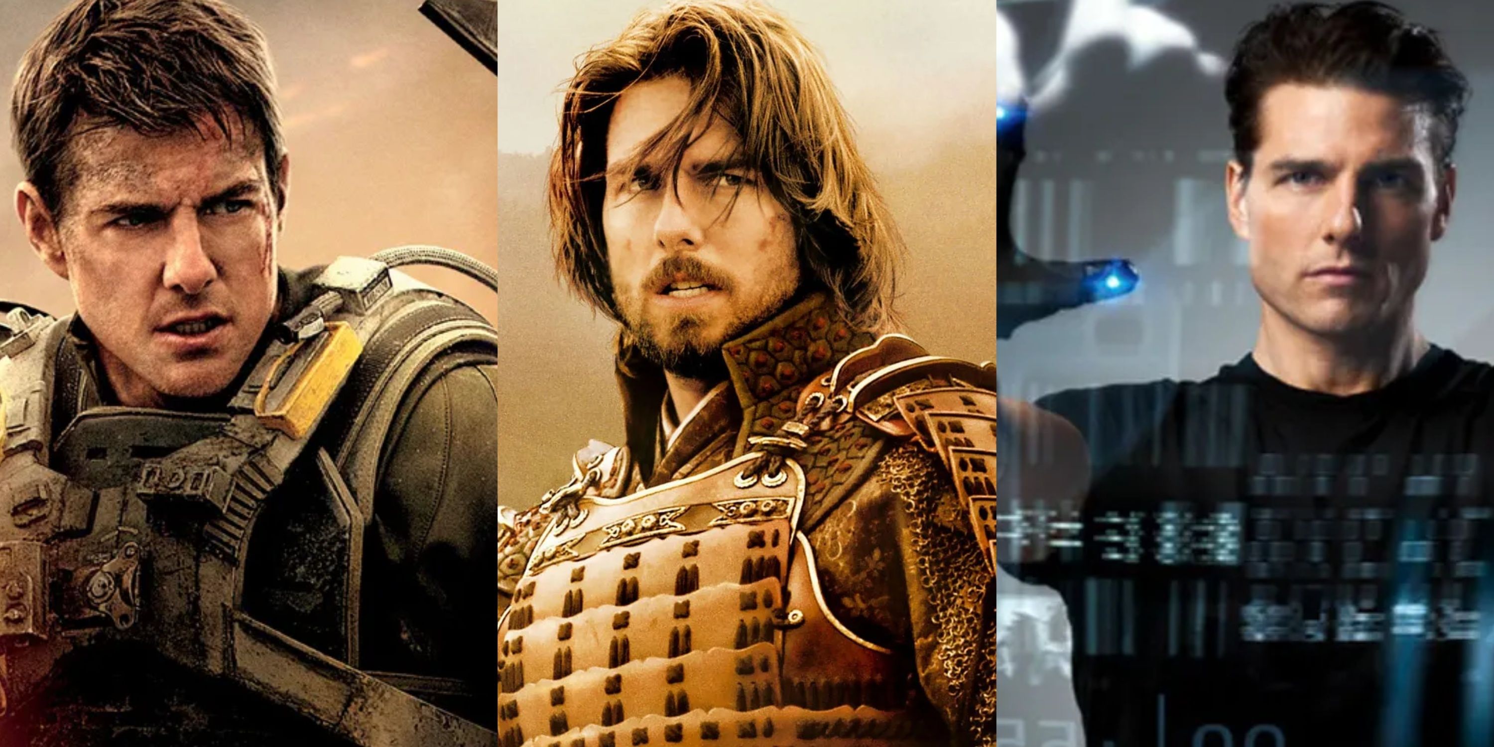 Split image of Tom Cruise in Edge of Tomorrow, The Last Samurai and Minority Report