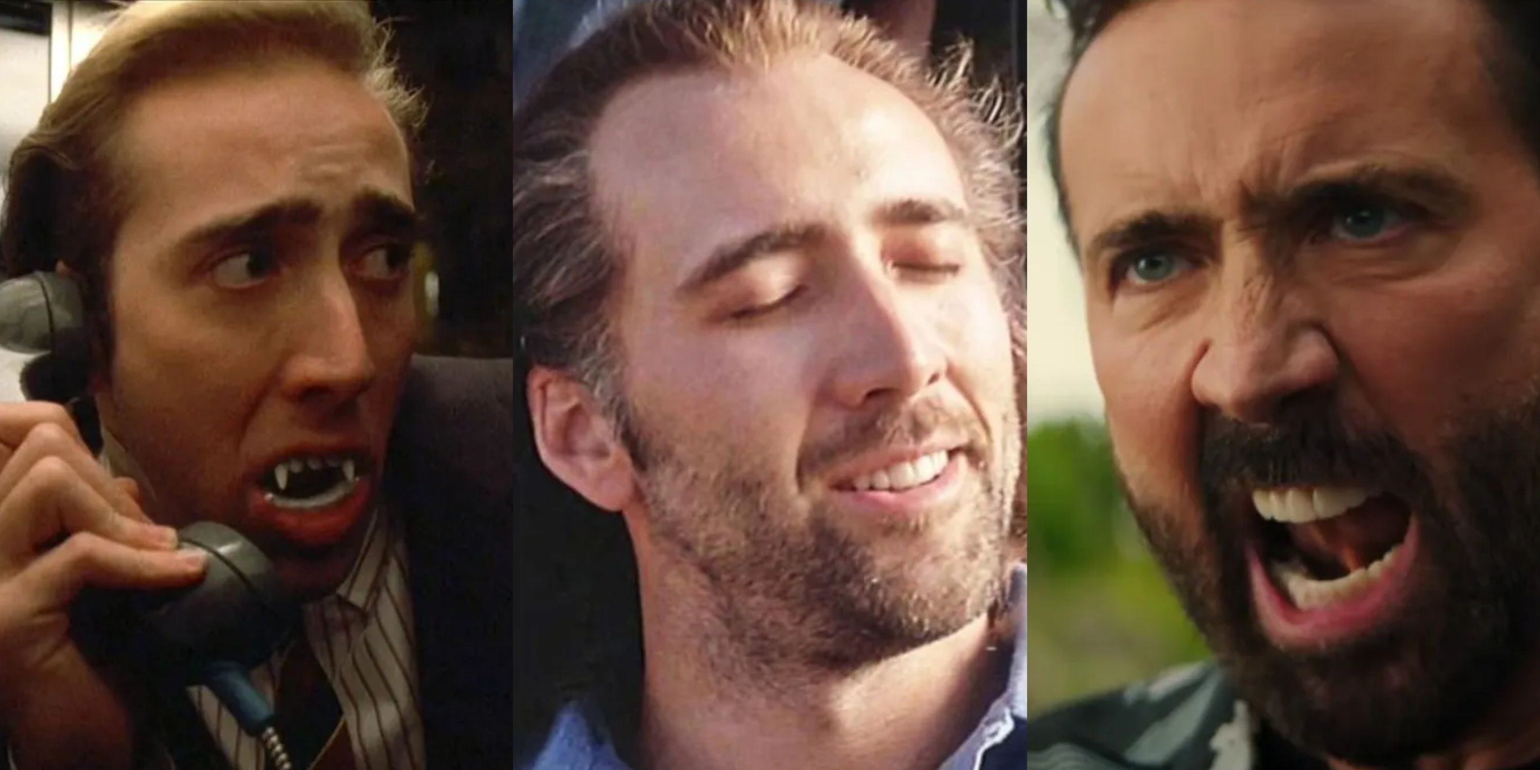 Split image Nicolas Cage in Vampire's Kiss, Con Air, The Unbearable Weight of Massiva Talent