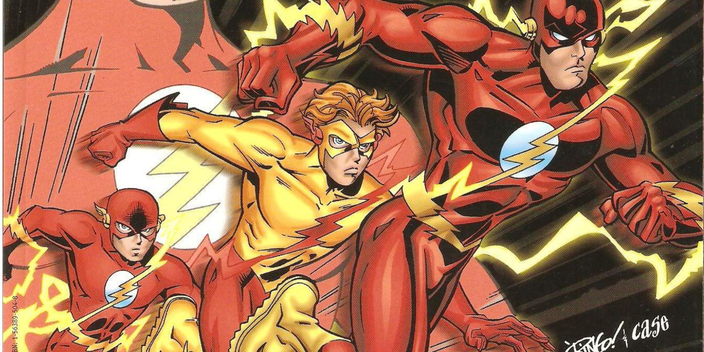 The multiple stages of Wally West's career - from his original Kid Flash costume to his second one to Wally as the Flash