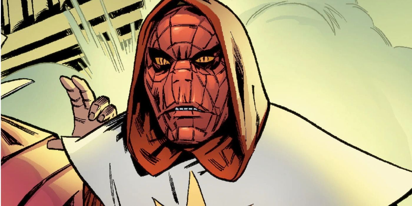 A close-up of Spiders-Man in a white costume with a red hood from Marvel's Earth X