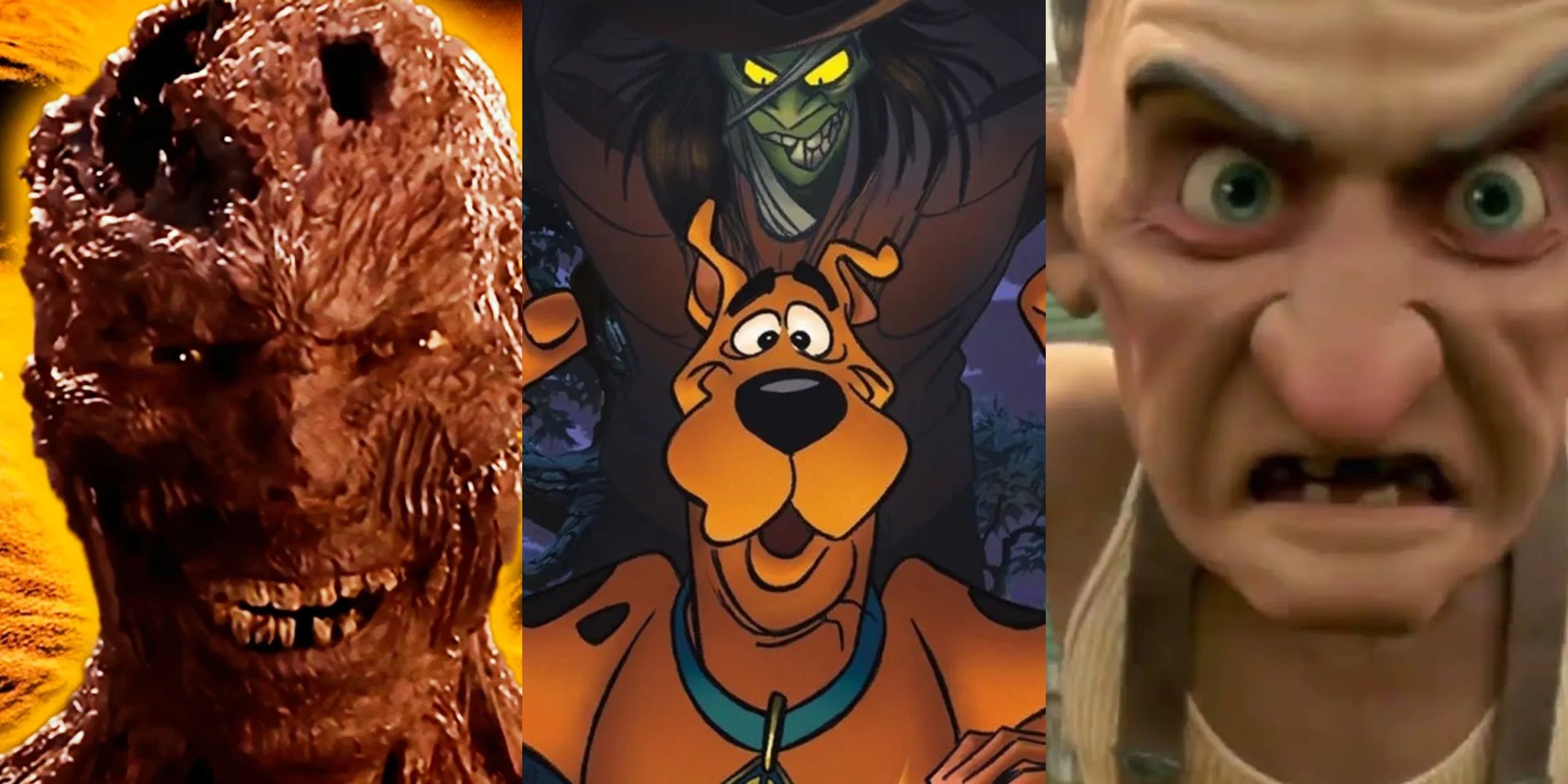 Split image Imhotep in The Mummy, Scooby-Doo Camp Scare, Monster House Nebbercracker