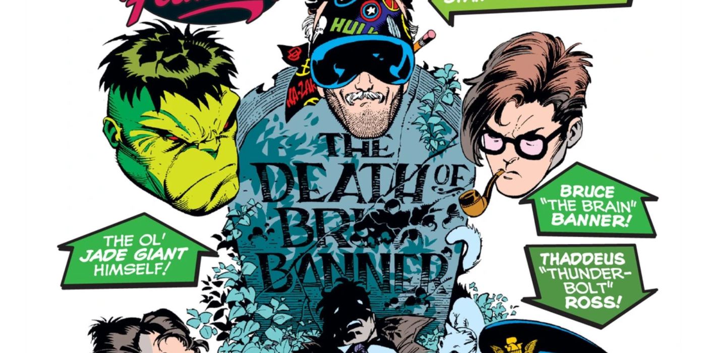 The Hulk, Stan Lee, and Bruce Banner in front of a gravestone in Marvel Comics