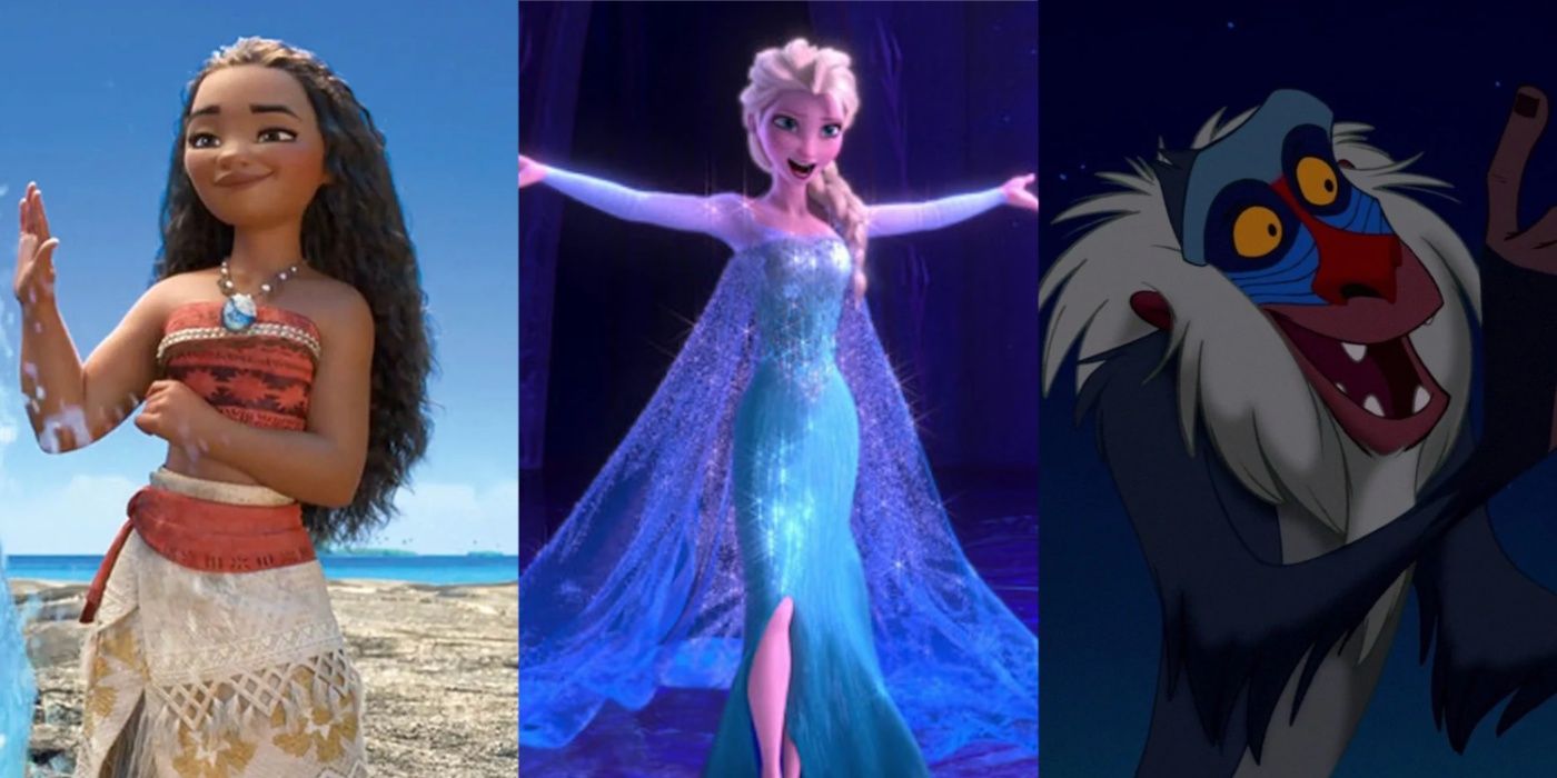 Split image of Moana, Elsa from Frozen and Rafiki from The Lion King