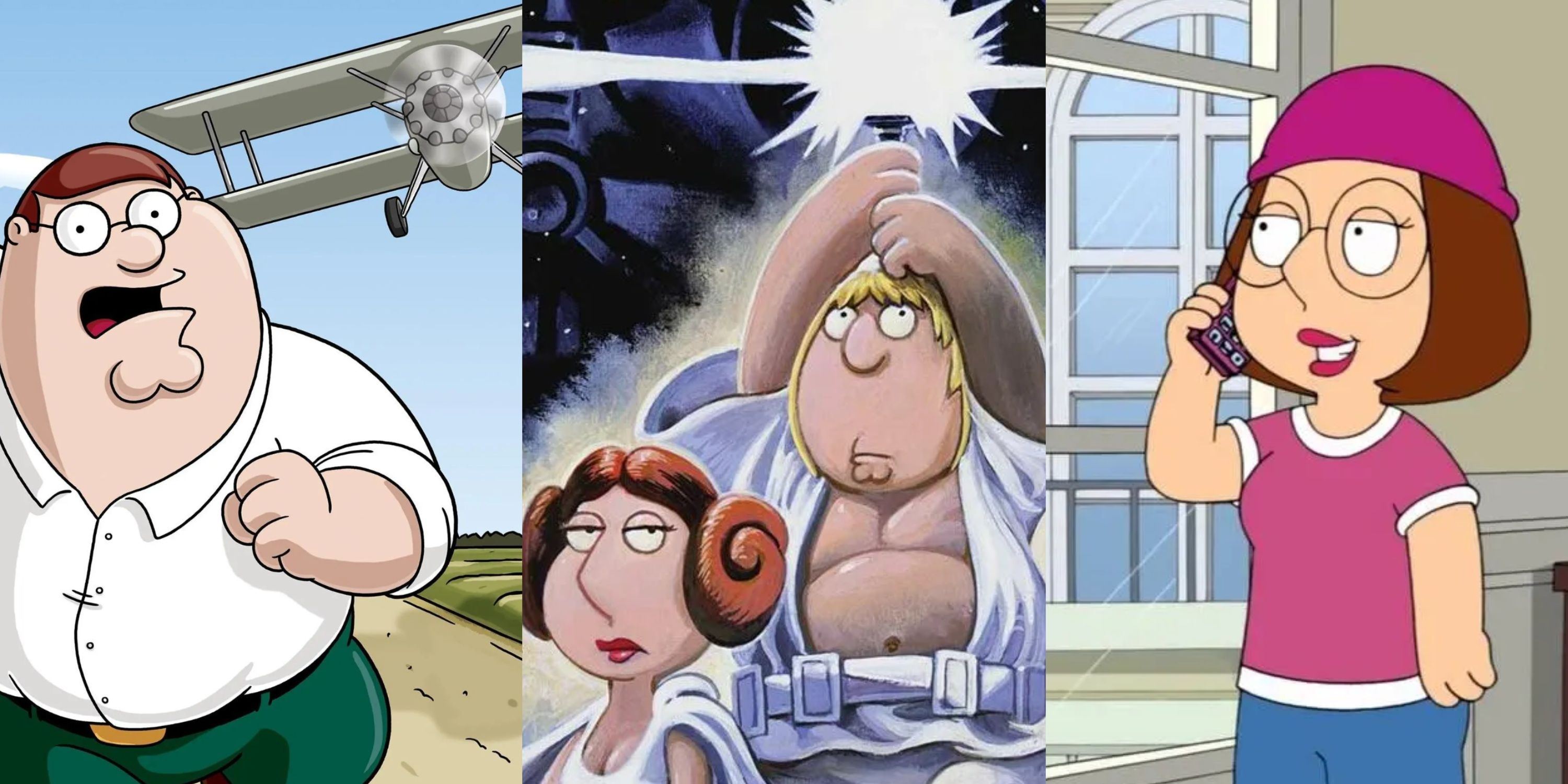 Split image Peter Griffin runs from plane, Family Guy Star Wars, Meg Griffin on phone