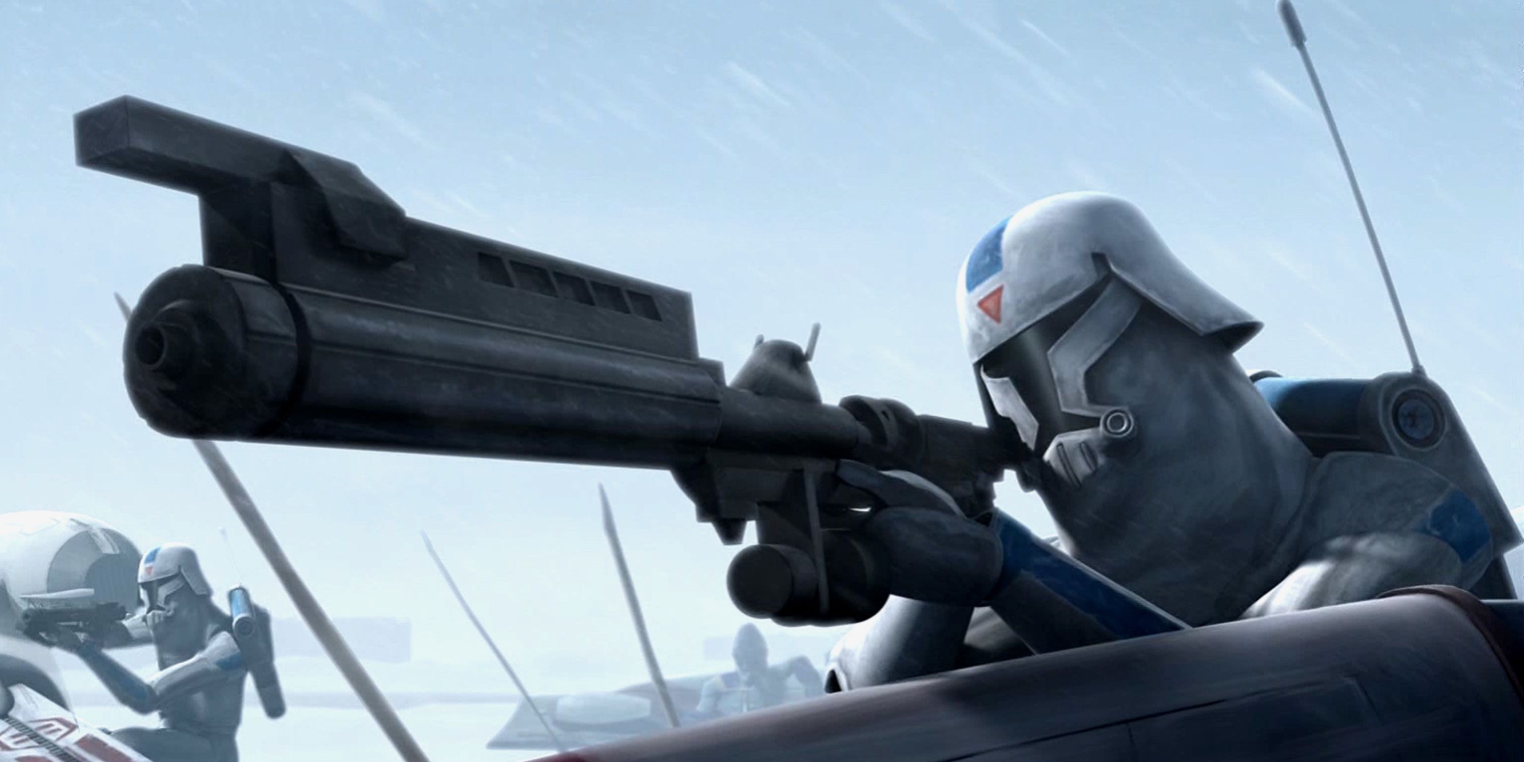 Um soldado clone do 501º aponta seu rifle em uma tempestade de neve