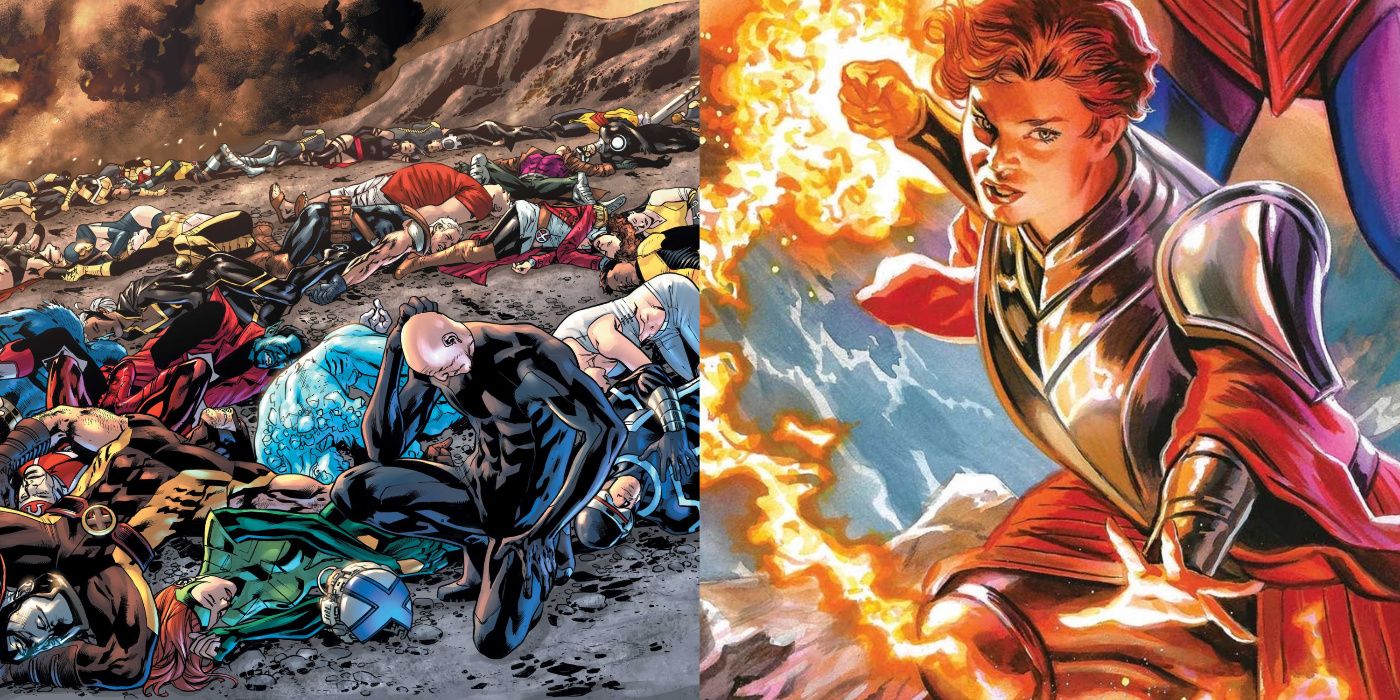 A split image of Professor X surrounded by fallen mutants and Rachel Summers in Marvel Comics