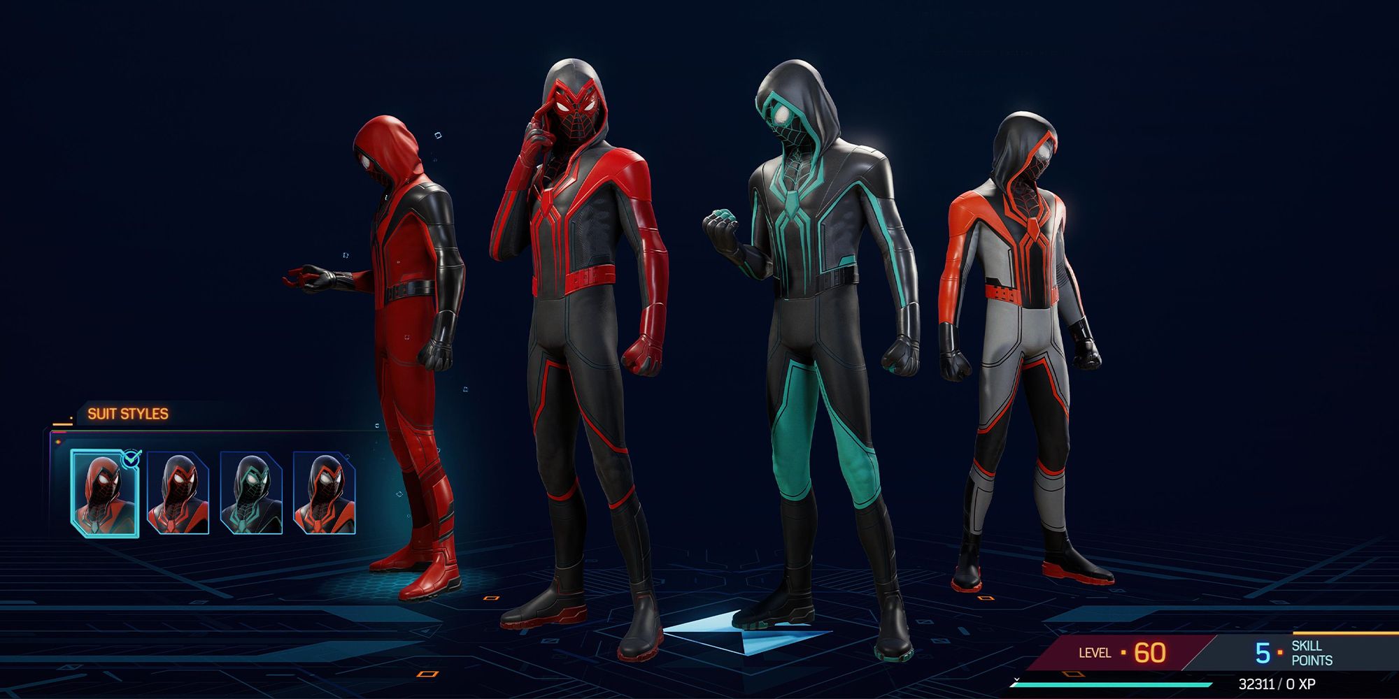 Pantalla de visualización del traje Crimson Cowl en Marvel's Spider-Man 2