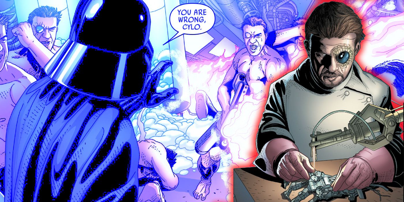 Doctor Cylo and his clones fight Darth Vader. 