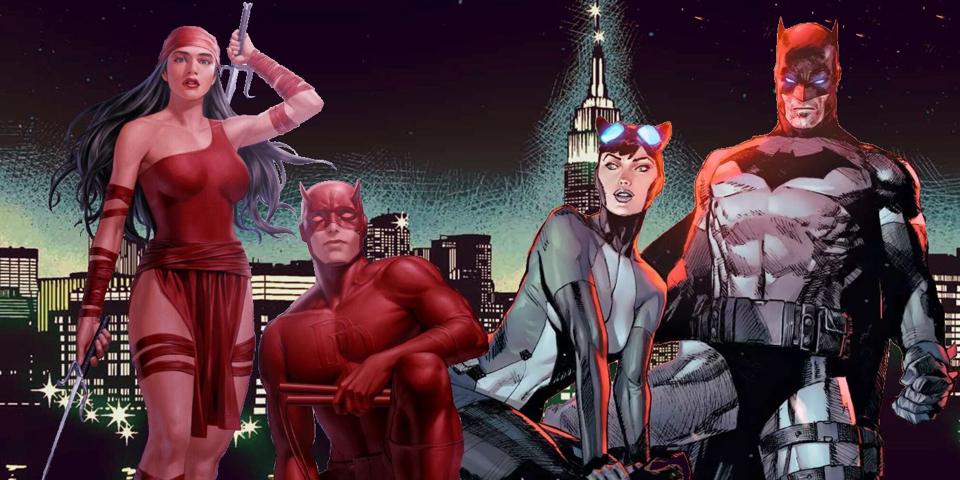 A collage of Marvel's Daredevil and Elektra alongside DC's Batman and Catwoman