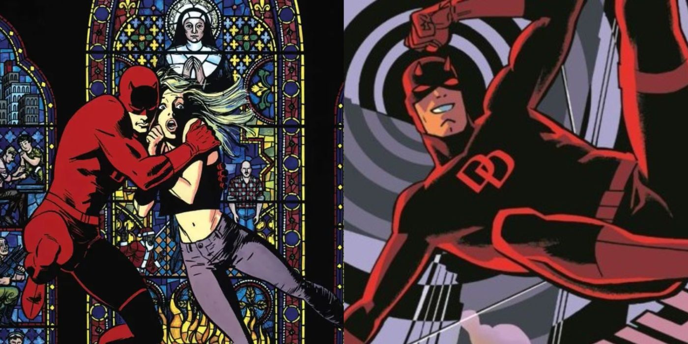 Split image of Daredevil with Karen Page in Born Again and swinging through the city in Devil at Bay.