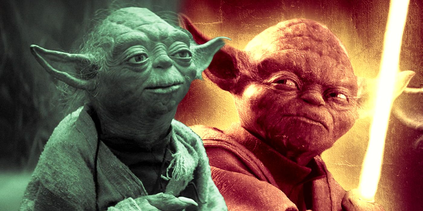Split: Yoda on Dagobah; red-tinged Yoda as a Sith