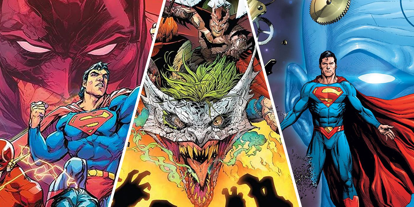 split image: Justice League in Tower of Babel, Dark Nights Metal and Doomsday Clock