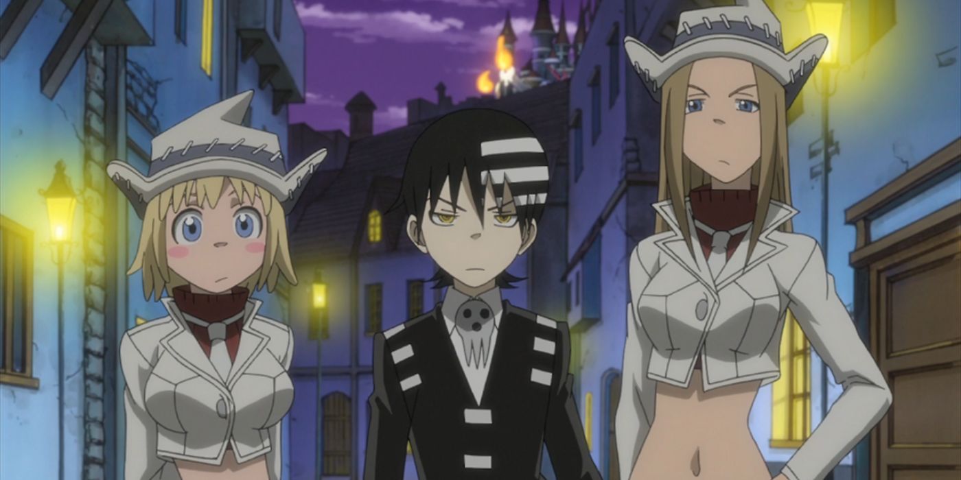 Death the Kid, Liz Thompson and Patty Thompson from the Soul Eater anime.