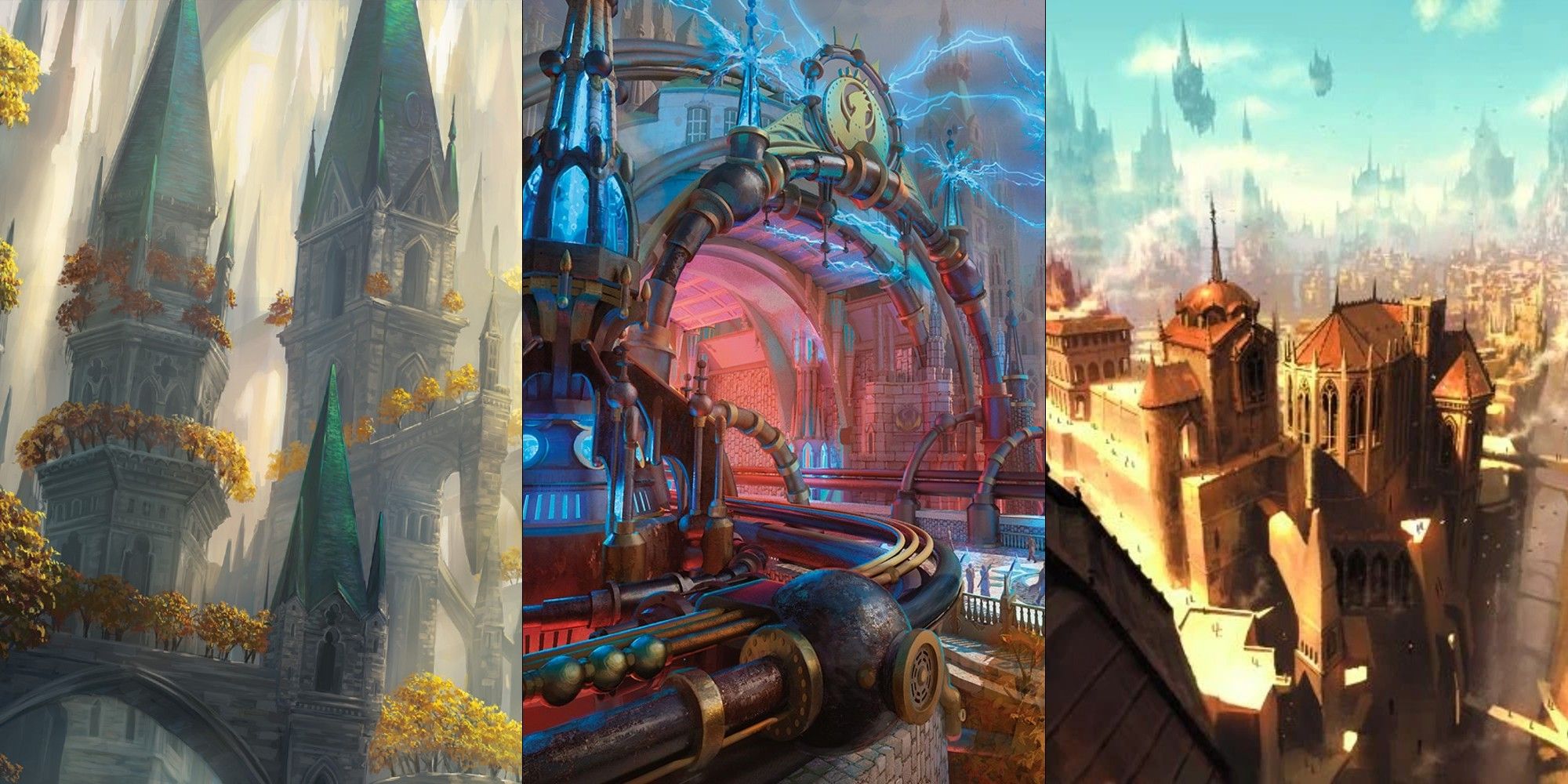A split image featuring various vistas from Ravnica in Magic: The Gathering