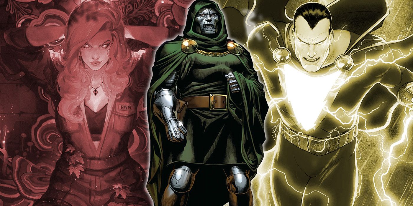 split image: Doctor Doom holds his cape with hued images of Poison Ivy and Black Adam