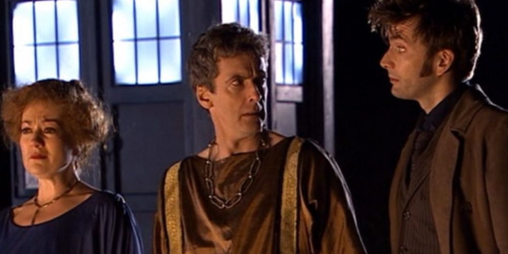 Peter Capaldi as Caecilius with David Tennant as the Tenth Doctor on Doctor Who.